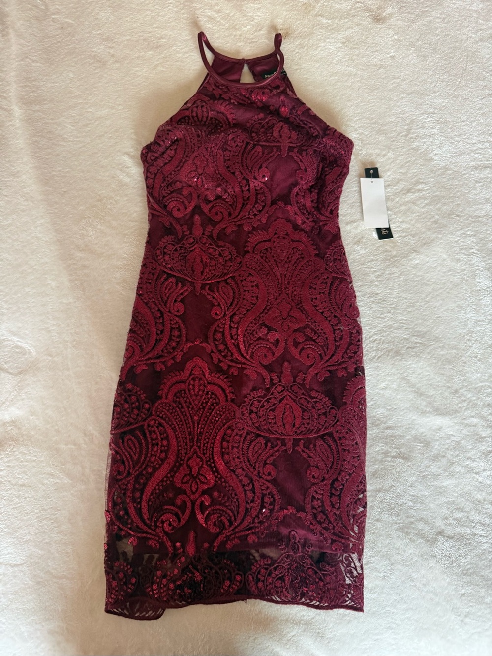 Sequin Hearts Burgundy Lace High-Neck Midi Dress